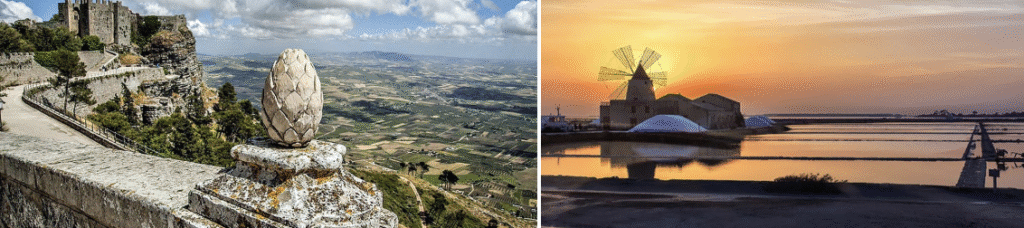 Château de Vénus et bassins de sel à Trapani au coucher du soleil