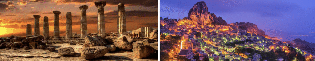 Vue nocturne du temple d’Hercule et de la cité d’Agrigente
