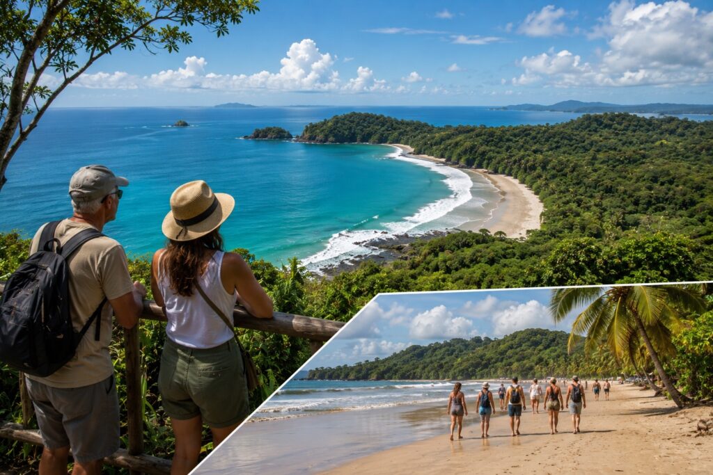 Vue panoramique de Manuel Antonio et promenade sur la plage lors d'un Circuit Costa Rica accompagné