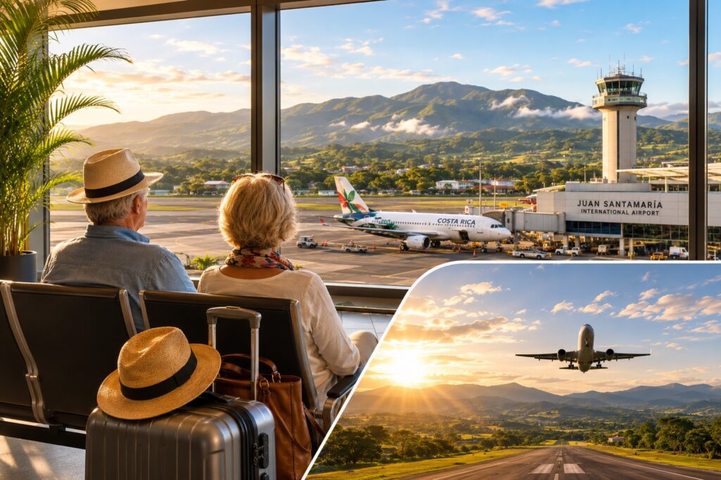 Couple de voyageurs à l'aéroport Juan Santamaría avant le vol de retour vers Montréal lors d'un Circuit Costa Rica accompagné
