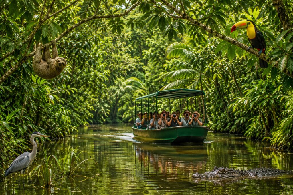 Naviguez au cœur du parc national Tortuguero et découvrez l'une des plus grandes richesses naturelles du Costa Rica. Cette excursion en bateau vous permet d'observer une faune exceptionnelle dans un environnement tropical préservé, où la nature s'exprime dans toute sa splendeur.
