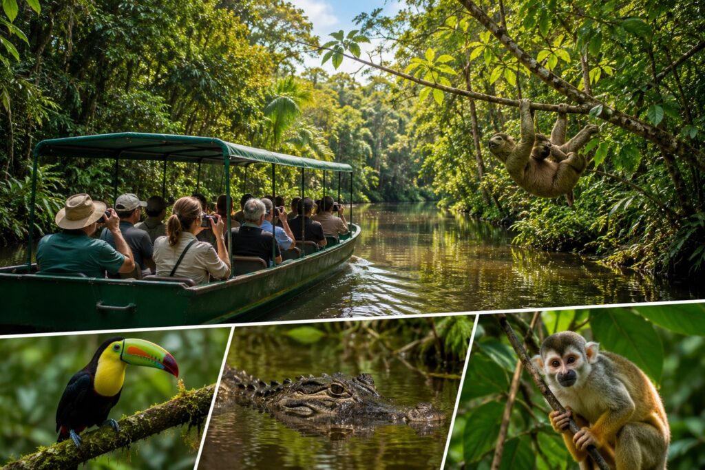 Navigation sur les canaux de Tortuguero lors d'un circuit accompagné avec observation de la faune tropicale