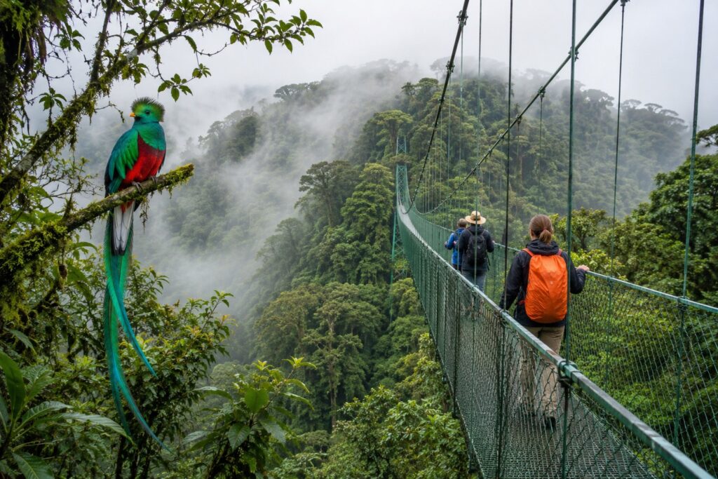 Ponts suspendus de Monteverde et quetzal resplendissant lors d'un Circuit Costa Rica accompagné