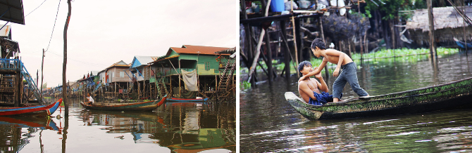 Village flottant sur le lac Tonlé Sap, Cambodge, avec maisons sur pilotis.