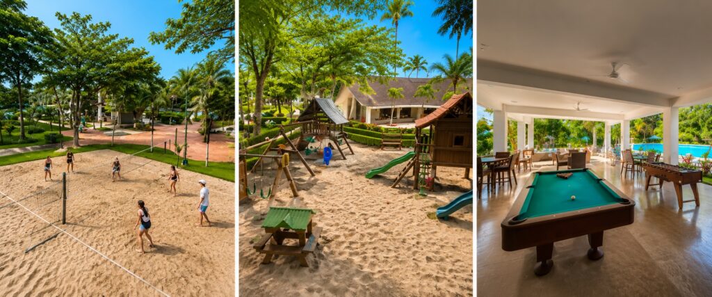 Activités familiales à Punta Leona au Costa Rica avec volleyball, aire de jeux pour enfants et salle de jeux