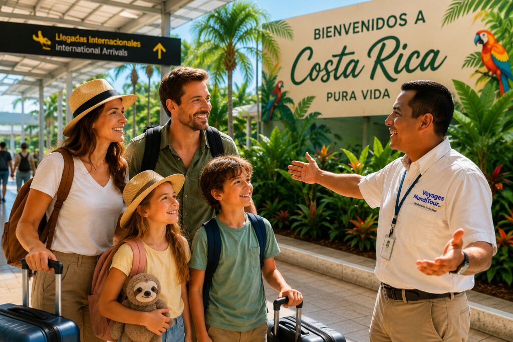 Famille accueillie par un guide francophone Voyages Munditour à l'aéroport de San José au Costa Rica