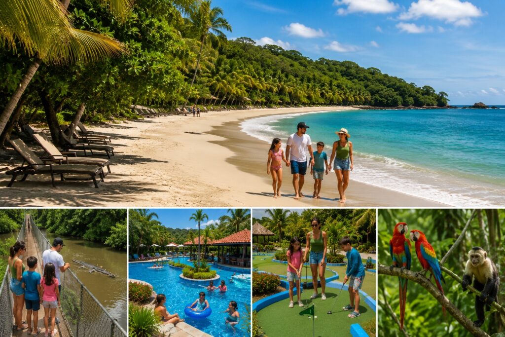 Famille se promenant sur une plage tropicale de la côte Pacifique du Costa Rica lors d'un séjour tout inclus à Punta Leona