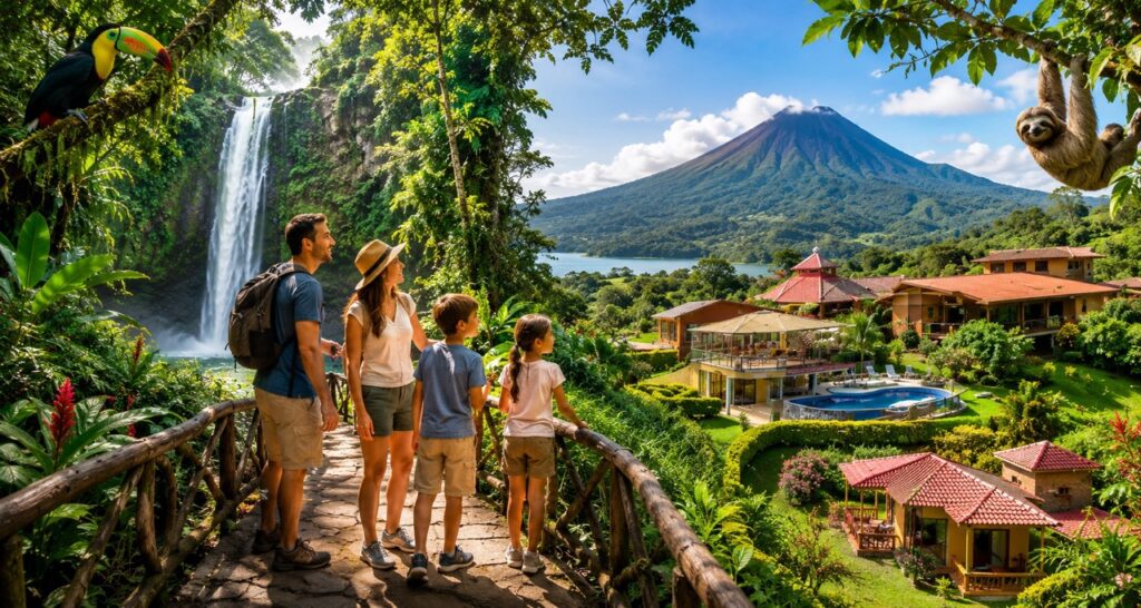 Famille en voyage au Costa Rica visitant La Paz Waterfall Gardens et séjournant à l'Hôtel Linda Vista près du volcan Arenal
