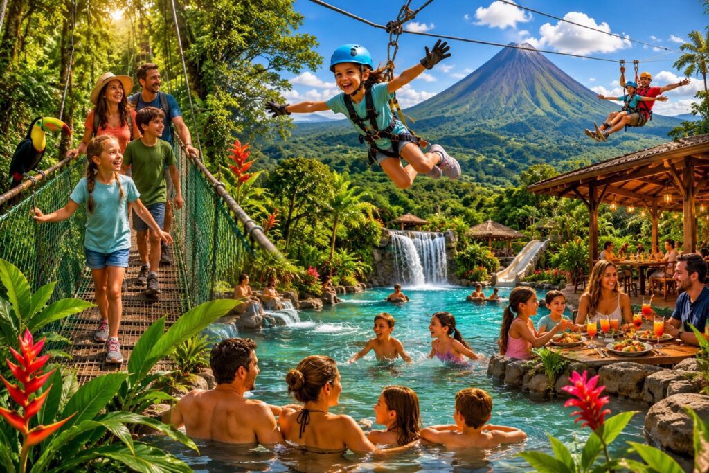 Profitez des ponts suspendus, de la tyrolienne et des sources thermales de Baldi près du volcan Arenal au Costa Rica