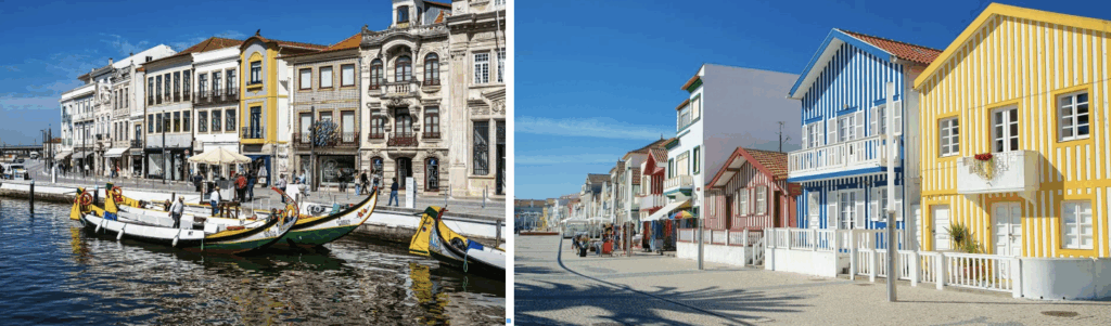 Un bateau traditionnel ''moliceiro'' face à plusieurs beaux batiements et de belle maisons colorées du village de Costa Nova