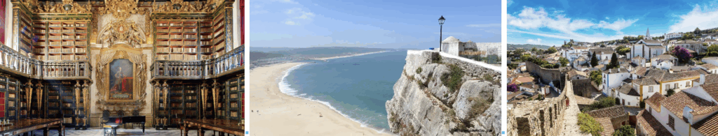vue sur une pièce de la  Bibliothèque Joanina de l'université de Coimbra.  vue sur la plage et falaise du quartier du Sítio, Vue aérienne de Óbidos au Portugal