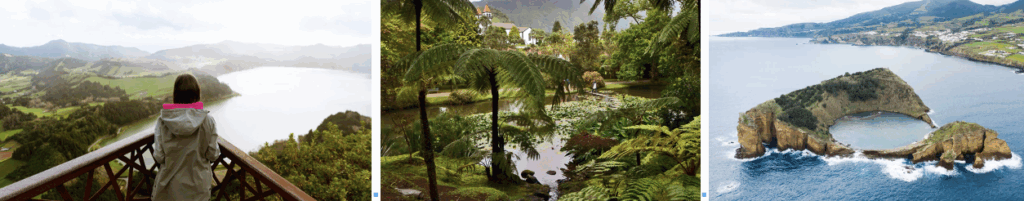 femme regardant la vue du lac de Furnas du belvédère du Pico do Ferro. mafinfique Vue sur la magnifique nature du parc Terra Nostra