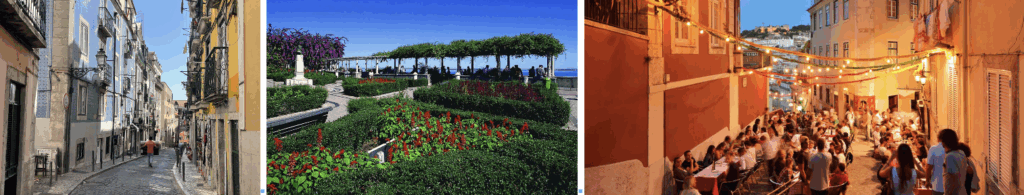 Une personne marchant dans les rue étroites du Bairro Alto. Le magnifique jardin belvédère Santa Luzia et quartier animé du Bairro Alto