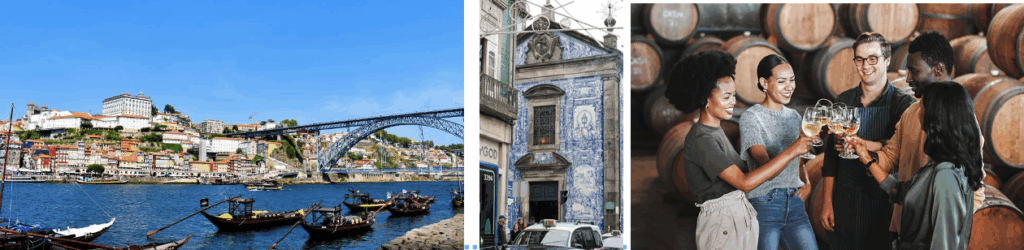 vue sur plusieurs bateaux rabelos, et du pont Dom Luís I à Porto. Belle facade d'une maison ornées d’azulejos. Quelques personnes dégustantun verre de Porto