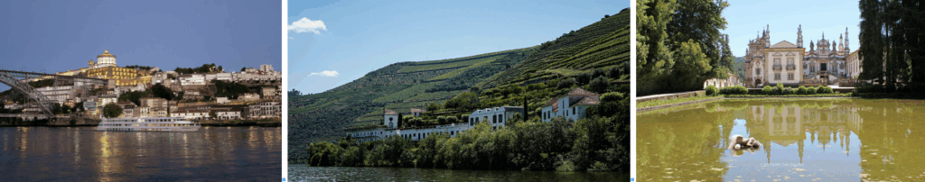 vue sur un village blanc pervuele et sur des vignobles en terrasses. . Vue sur sur le Solar de Mateus et la ville de Porto