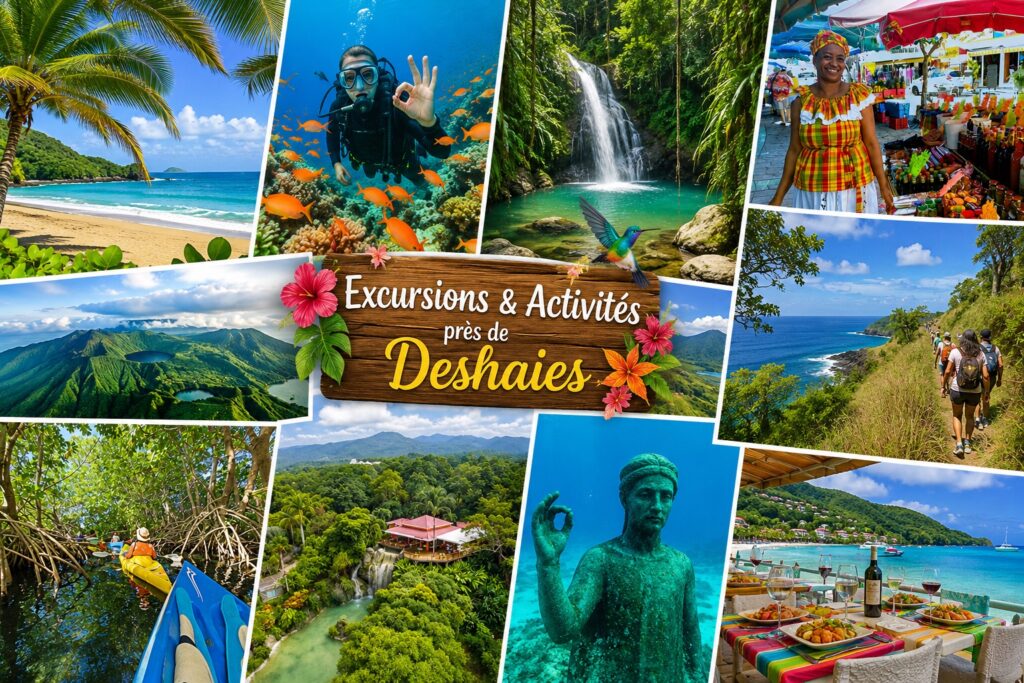 Depuis nos bungalows à Deshaies en Guadeloupe, profitez des meilleures excursions : Jardin botanique, Réserve Cousteau, plage de Grande Anse, kayak dans la mangrove, randonnée, cascades et restaurants créoles.