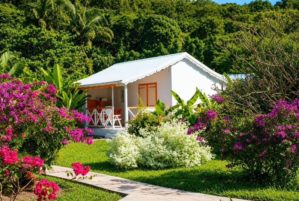 Bungalow créole avec terrasse et jardin tropical fleuri à Deshaies en Guadeloupe.