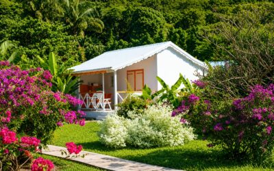 Bungalow créole avec terrasse et jardin tropical fleuri à Deshaies en Guadeloupe.