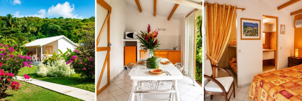 Bungalow à Deshaies en Guadeloupe avec jardin tropical, cuisine équipée et chambre climatisée