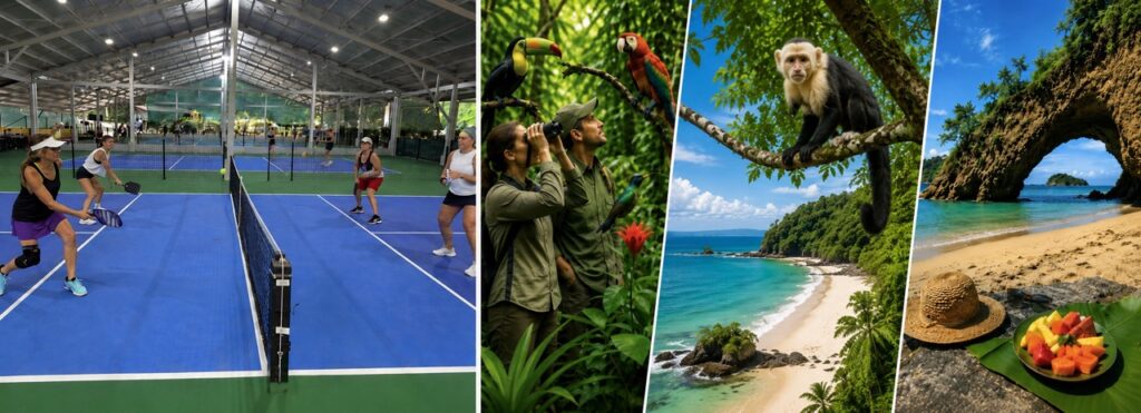 Joueurs de pickleball à Uvita, observation de la faune tropicale et plage du parc national Manuel Antonio lors d'un séjour de pickleball au Costa Rica.