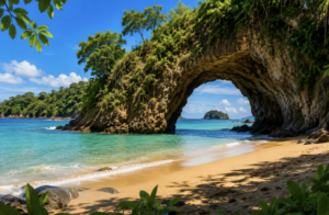 Grottes marines et plage de sable doré à Playa Ventanas au Costa Rica