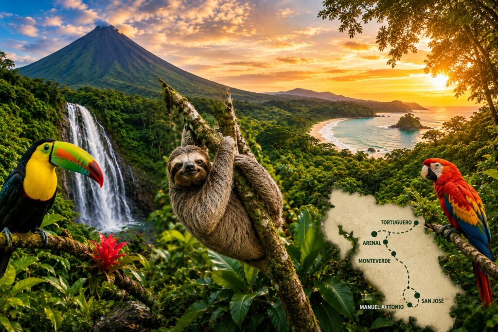 Illustration du Circuit Costa Rica en français du 7 au 20 février 2027 avec le volcan Arenal, un paresseux, des toucans, des aras, une cascade, les plages du Pacifique et les principales régions visitées.