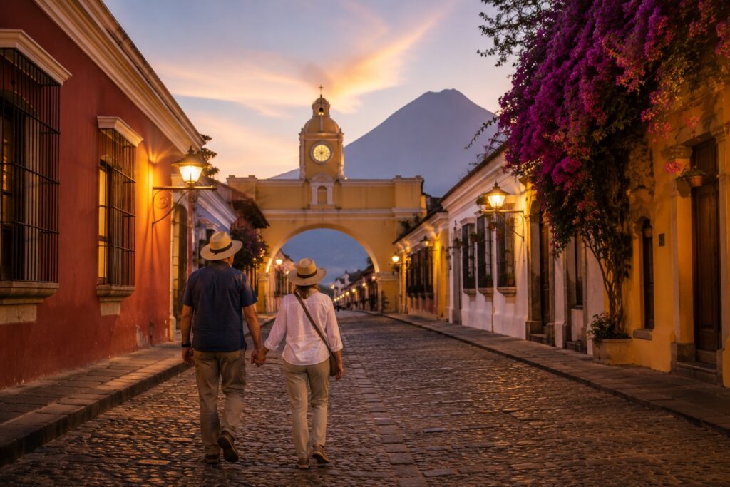 Couple de voyageurs se promenant dans les rues d'Antigua Guatemala au coucher du soleil avant leur dernière soirée en famille d'accueil.