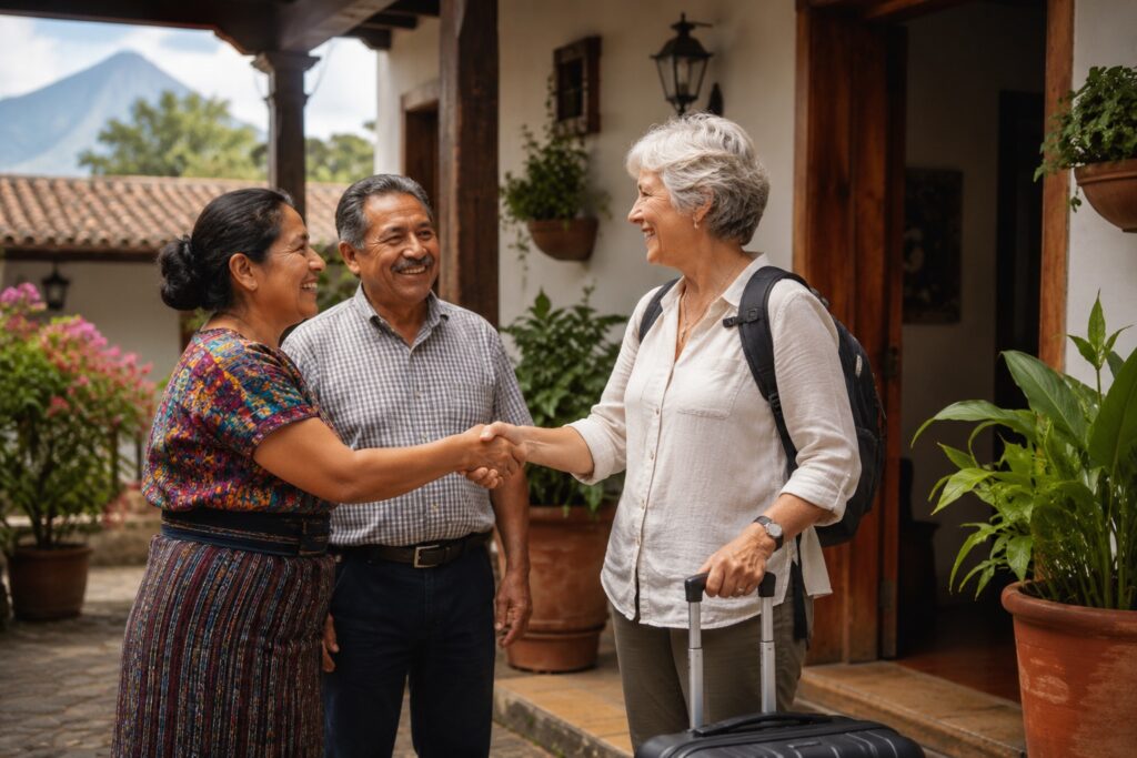 Voyageuse accueillie par sa famille d'accueil lors d'un circuit Guatemala avec cours d'espagnol.