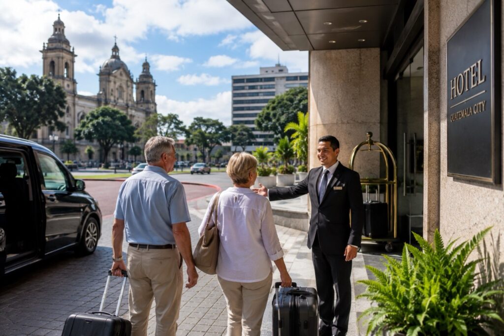 Voyageurs de plus de 60 ans accueillis par un représentant local à Guatemala City avant leur transfert à l'hôtel.