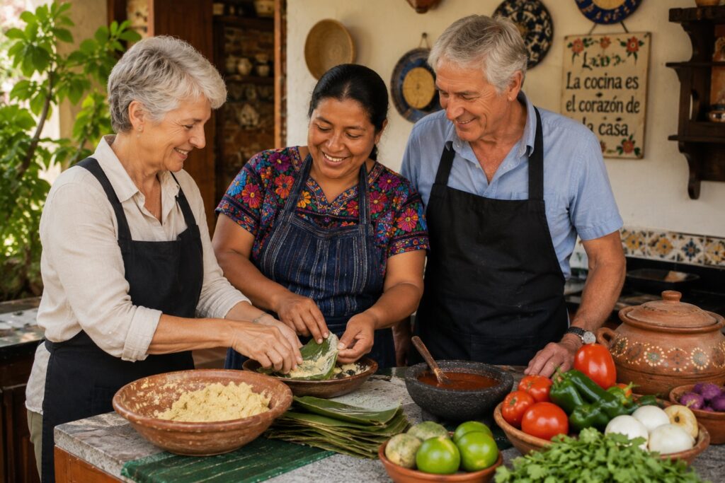 Voyageurs participant à un atelier de cuisine traditionnelle lors d'un circuit Guatemala avec cours d'espagnol.