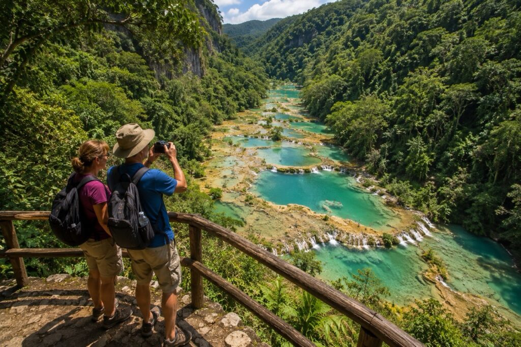 Voyageurs admirant les bassins turquoise de Semuc Champey depuis le belvédère panoramique au Guatemala.