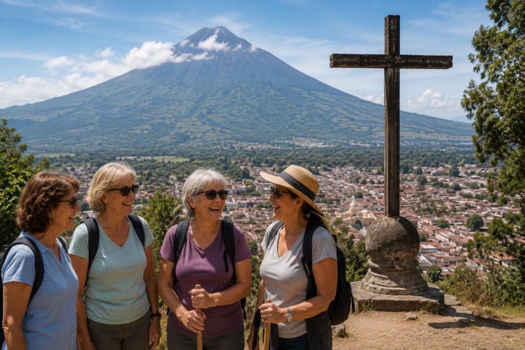 Groupe de voyageuses admirant Antigua depuis le Cerro de la Cruz lors d'un circuit Guatemala avec cours d'espagnol.