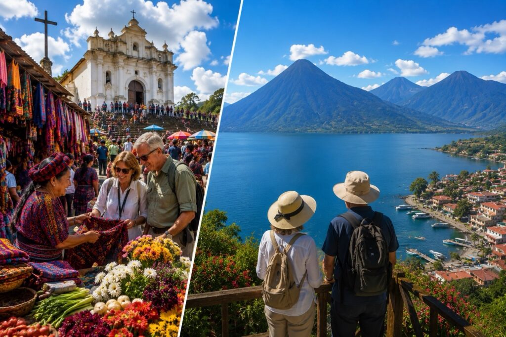 Marché de Chichicastenango devant l'église Santo Tomás et vue panoramique du lac Atitlán avec ses volcans au Guatemala.