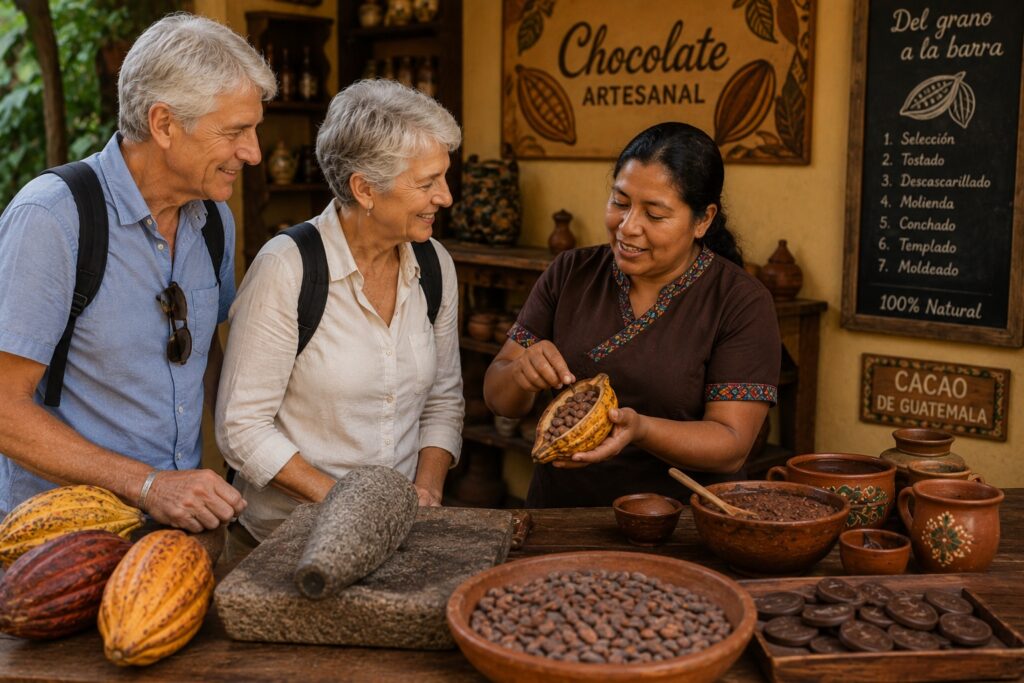 Voyageurs découvrant la fabrication du chocolat lors d'un circuit Guatemala avec cours d'espagnol.
