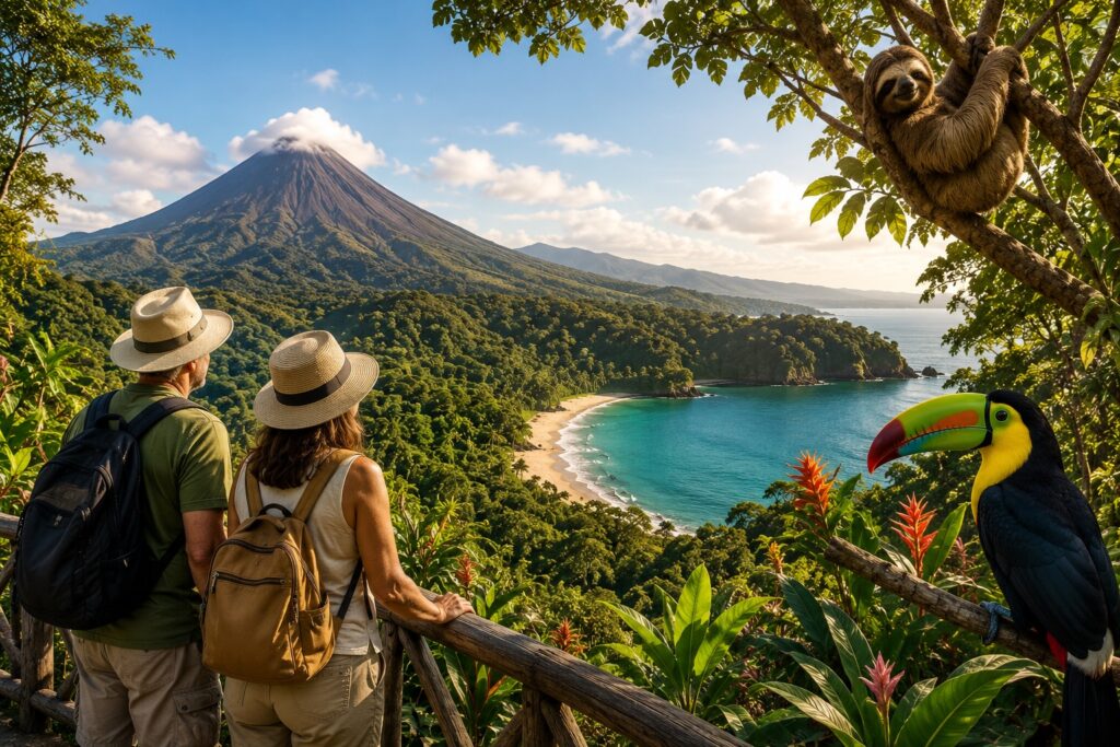 Couple admirant le volcan Arenal, la forêt tropicale et la côte Pacifique lors d'un circuit Costa Rica en français en avril 2027.
