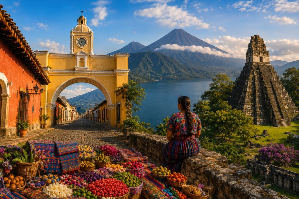 Vue panoramique du Guatemala avec Antigua Guatemala, le lac Atitlán, le volcan Atitlán, le site archéologique de Tikal et l'artisanat traditionnel maya