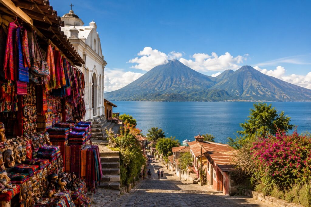 Circuit Guatemala – Marché de Chichicastenango, artisanat traditionnel et vue panoramique sur le lac Atitlán entouré de ses volcans.