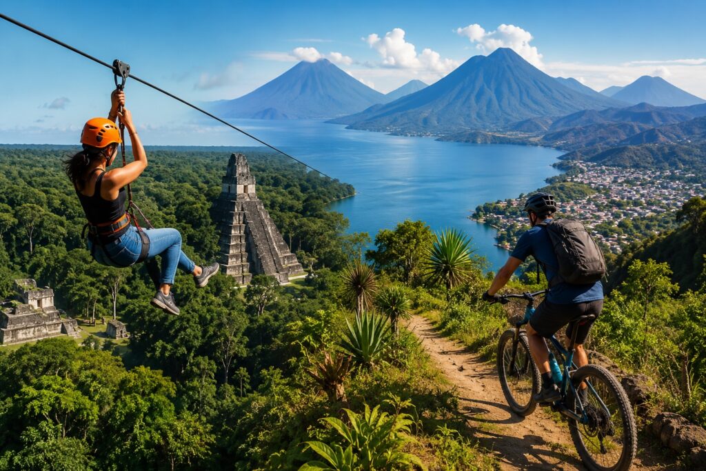 Circuit Guatemala divertissant avec tyrolienne, vélo de montagne, Tikal, le lac Atitlán et les volcans du Guatemala.