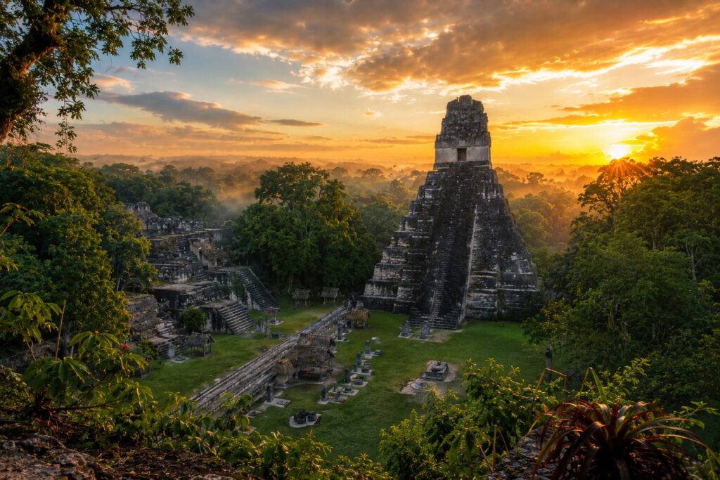 Circuit Guatemala – Temple du Grand Jaguar au lever du soleil dans le site archéologique de Tikal, au cœur de la jungle du Petén.