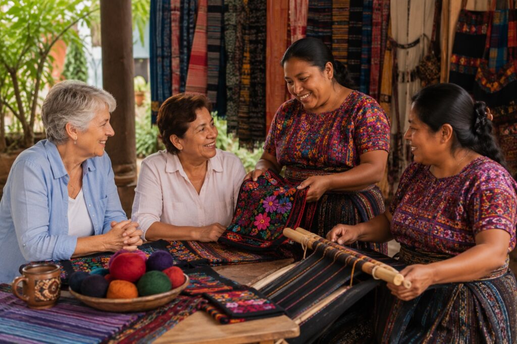 Voyageuses rencontrant une coopérative de femmes autochtones lors d'un circuit Guatemala avec cours d'espagnol.