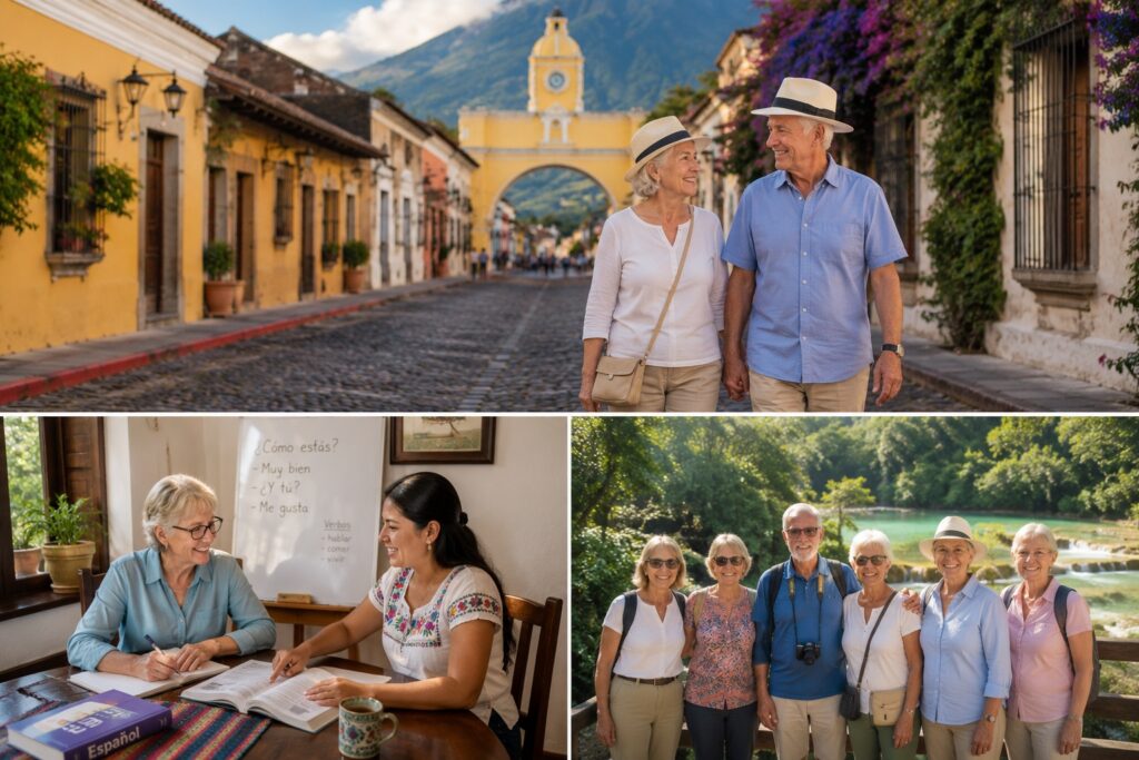 Couple de retraités découvrant Antigua lors d'un circuit Guatemala avec cours privés d'espagnol.