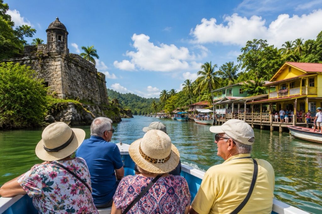 Voyageurs de plus de 60 ans en croisière sur le Río Dulce près du fort San Felipe vers Livingston au Guatemala.