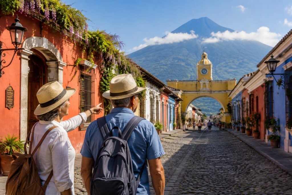 Voyageurs découvrant Antigua Guatemala lors d'un circuit Guatemala avec cours d'espagnol.