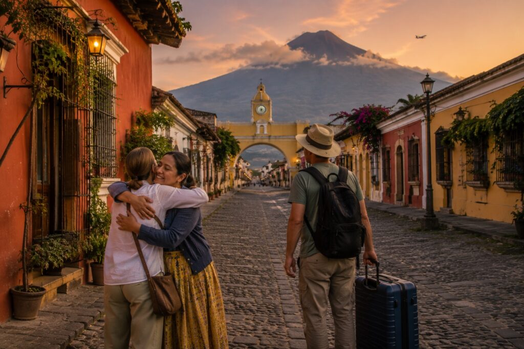 Voyageuse faisant ses adieux à sa famille d’accueil à Antigua Guatemala avant son retour au Canada.