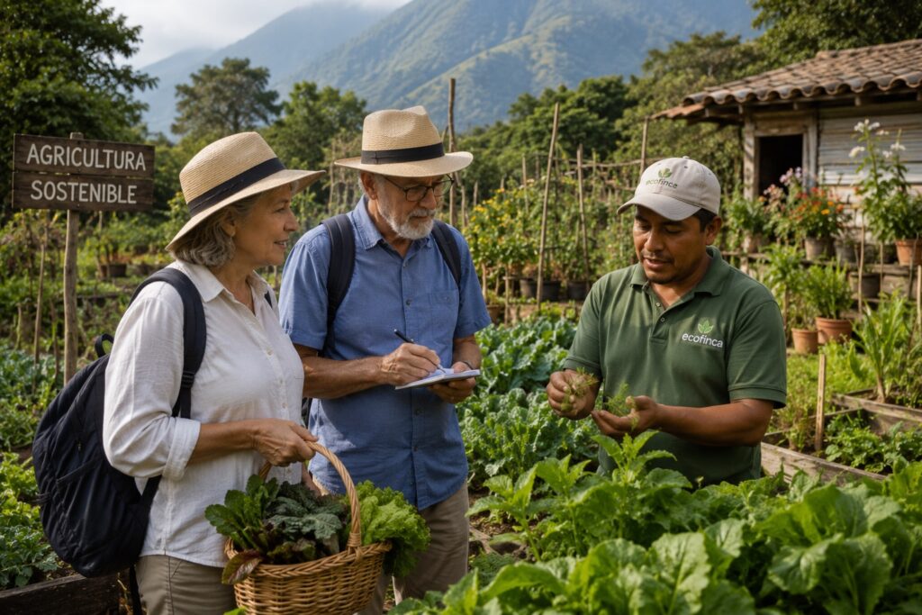 Voyageurs visitant une écoferme lors d'un circuit Guatemala avec cours d'espagnol.