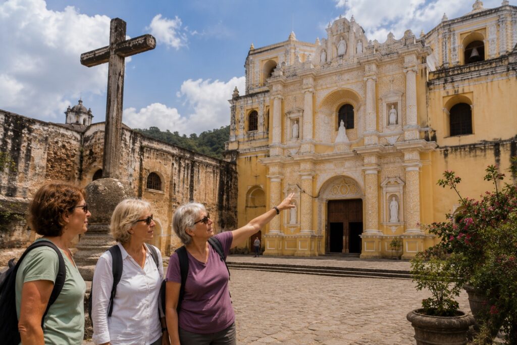 Voyageuses visitant l'église San Francisco à Antigua Guatemala lors d'un circuit Guatemala avec cours d'espagnol.