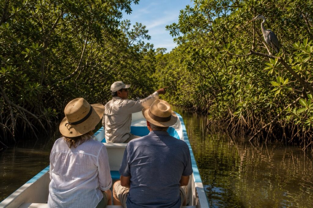 Voyageurs en excursion en bateau dans les mangroves de Monterrico avec un guide local au Guatemala.