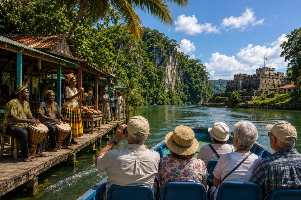 Voyageurs de plus de 60 ans en bateau sur le Río Dulce découvrant Livingston et le Fort San Felipe au Guatemala.