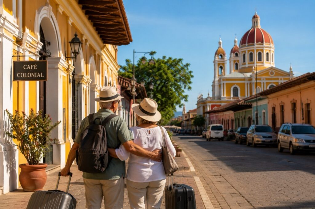 Couple de voyageurs de plus de 60 ans dans les rues coloniales de Granada au Nicaragua avant le retour.