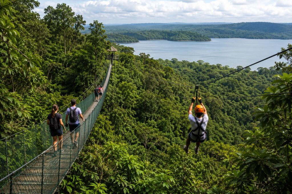 Pont suspendu et tyrolienne dans la réserve naturelle d'Ixpanpajul.